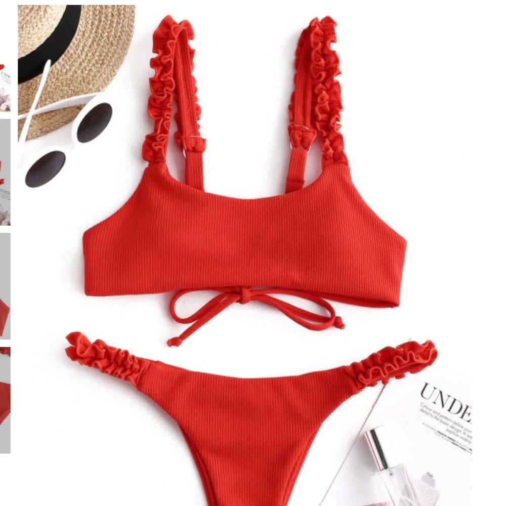 ZAFUL Ribbed Lace up Ruffle Bikini